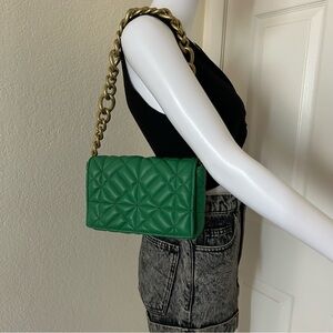 ZARA Vegan Leather Green Quilted Chain Strap Over The Shoulder Purse Bag Clutch